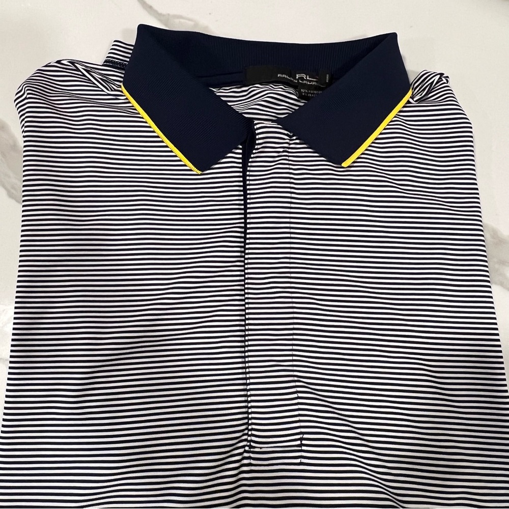 RLX Ralph Lauren Navy & White Striped Polo with Yellow Trim